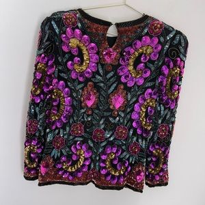 LESLIE FAYE Evenings 100% Silk Sequin Embellished Vintage Blouse Size M Petite